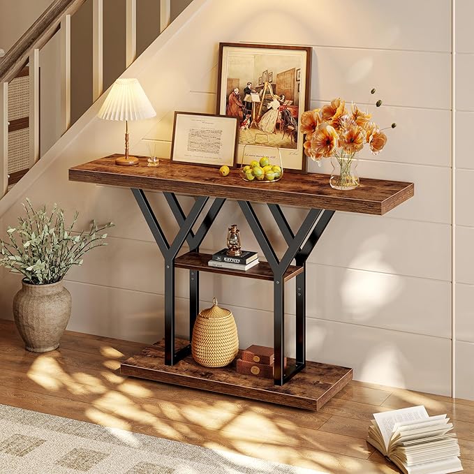 Huuger 47.2 Inch Entryway Table, Industrial Console Sofa Table, 3 Tier Accent Table, for Entry, Hallway, Entrance, Foyer, Y-Shaped Metal Base, Rusitc Brown