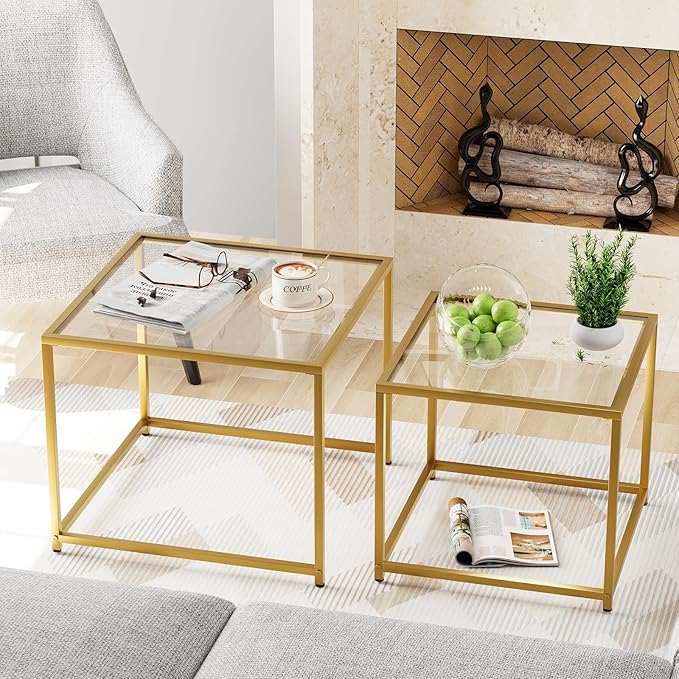 VILAWLENCE Coffee Table Set of 2, Modern Gold Glass Side Table, Metal Frame Square End Table, Center Tables, Nesting Coffee Table for Living Room, Bedroom and Small Spaces, 23.6in