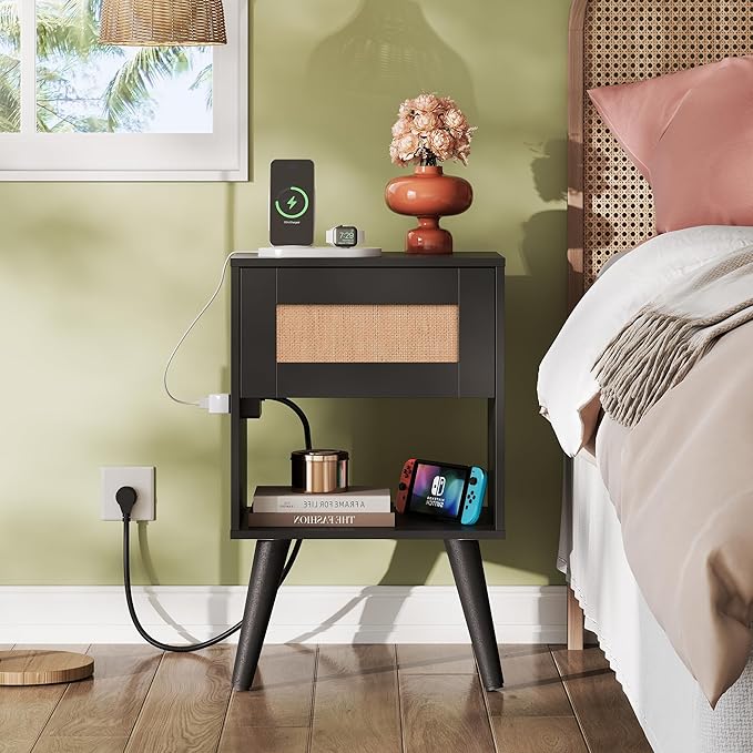WLIVE Black Rattan Night Stand with Charger Station, Small Side Table Drawer Storage and Shelf, Mid Century Nightstands with Rattan Decor, Small Side Table for Bedroom, Black