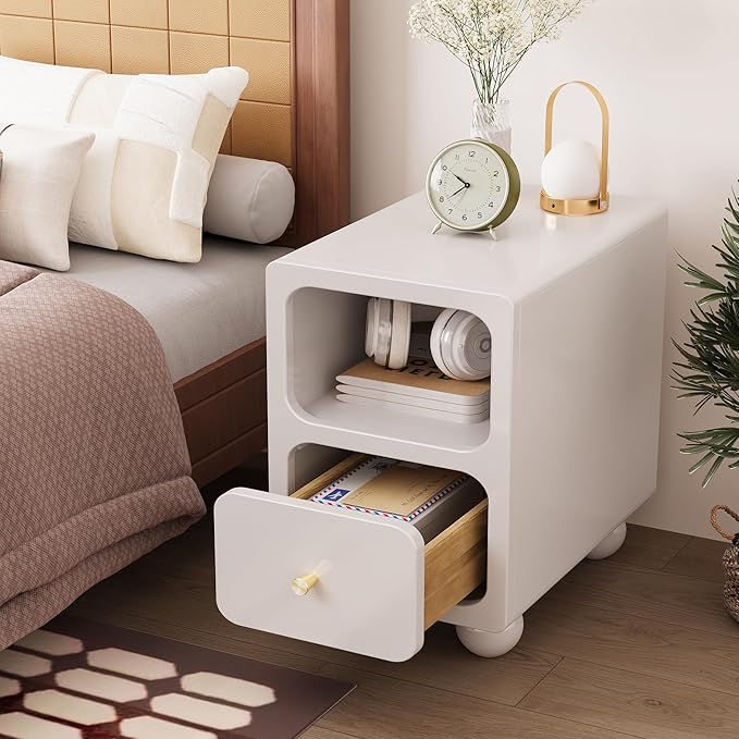 Solid Wood Nightstand, Narrow Night Stand with Drawers, White Mid Century Modern Nightstand, Small Beside Table with Open Storage Shelf for Bedroom (12 inch)