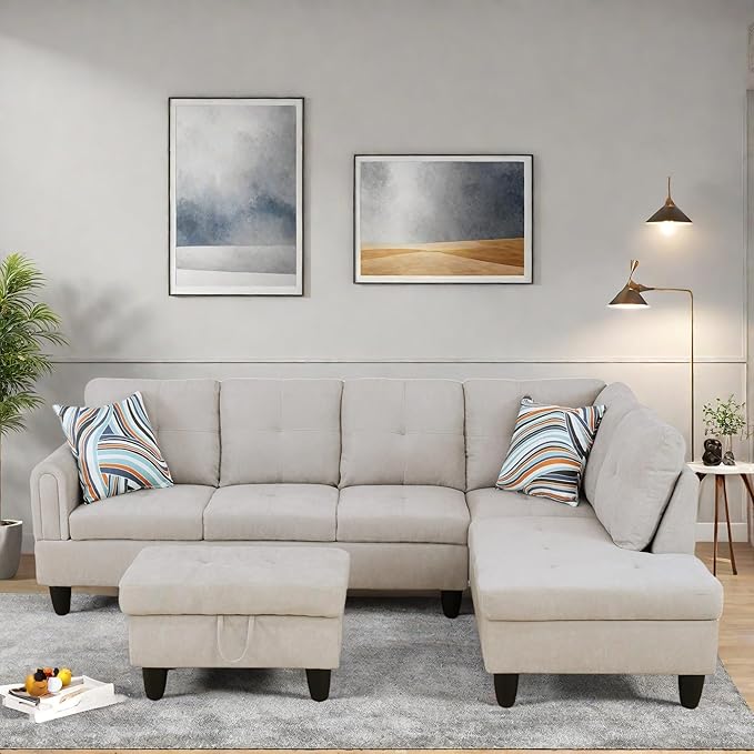L Shaped Sectional Couches, Modern Modular Sectional Sofa for Living Room Bedroom Furniture, Cozy 4 Seat Couch with Ottoman Storage & Chaise, Gray White