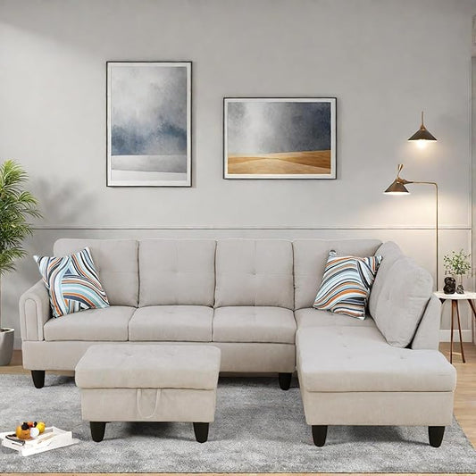 L Shaped Sectional Couches, Modern Modular Sectional Sofa for Living Room Bedroom Furniture, Cozy 4 Seat Couch with Ottoman Storage & Chaise, Gray White