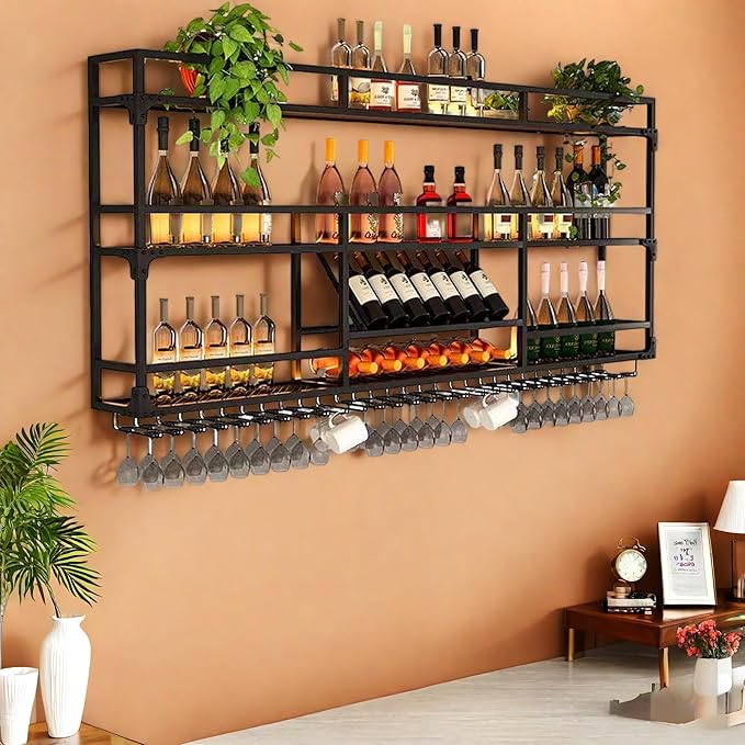 Metal Wall-Mounted Wine Rack with LED Light - 3 Tier Wine Storage Display Rack with Glass Holder - Space-Saving Bottle Display Shelf for Home Bars, Dining Rooms(Black, 59in/150cm)