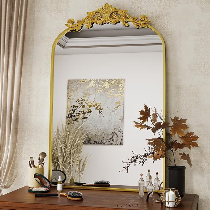 Vintage Arched Wall Mirror, 26x38 inch Retro Arch Bathroom Mirror, Carve Pattern Top Wall Mounted Vanity Mirror with Metal Frame, Bathroom Mirror Hanging or Leaning, Gold