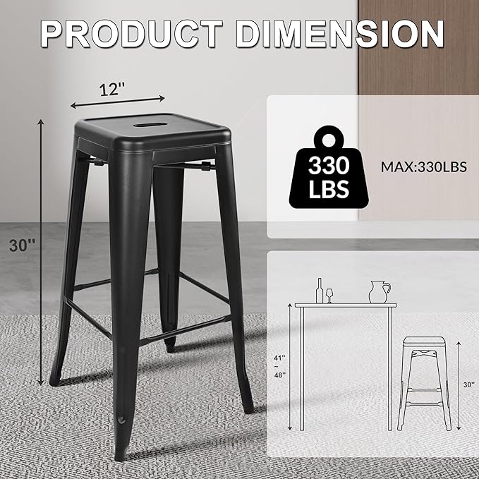 30 Inches Metal Bar Stools, High Backless Stools, Indoor Outdoor Stackable Kitchen Stools, Set of 4, Dark