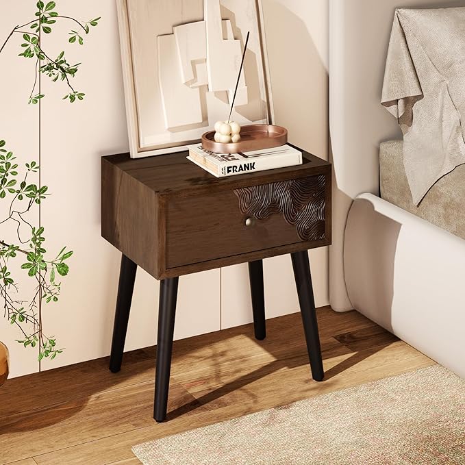 COSIEST Nightstand Set of 2, Mid Century Modern End Table with Storage Drawer, Accent Side Table, Vintage Wood Luxury Night Stand Small Wood End Table for Bedroom, Living Room, Walnut