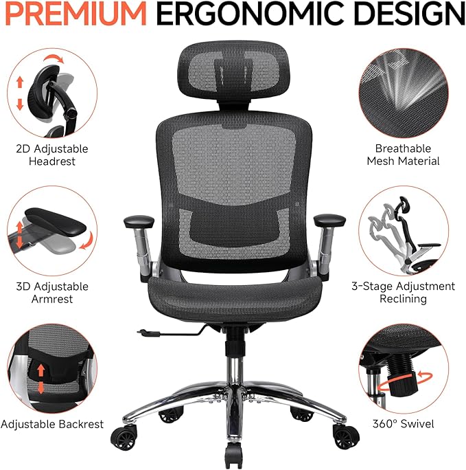 COMHOMA Big and Tall Ergonomic Mesh Office Chair, High Back Home Desk Chair Computer Gaming Chair with Headrest, Flip-Up Arms, 90-125° Tilt Lock and Wide Cushion, Task Chair for Man Woman- Black