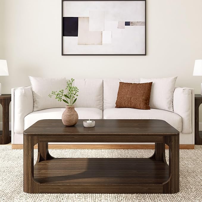 Plank+Beam Forma Coffee Table, Solid Wood 48 Inch Modern Coffee Table with Shelf, Contemporary Center Table with Storage Space, Rectangle Tea Table with Storage, Walnut