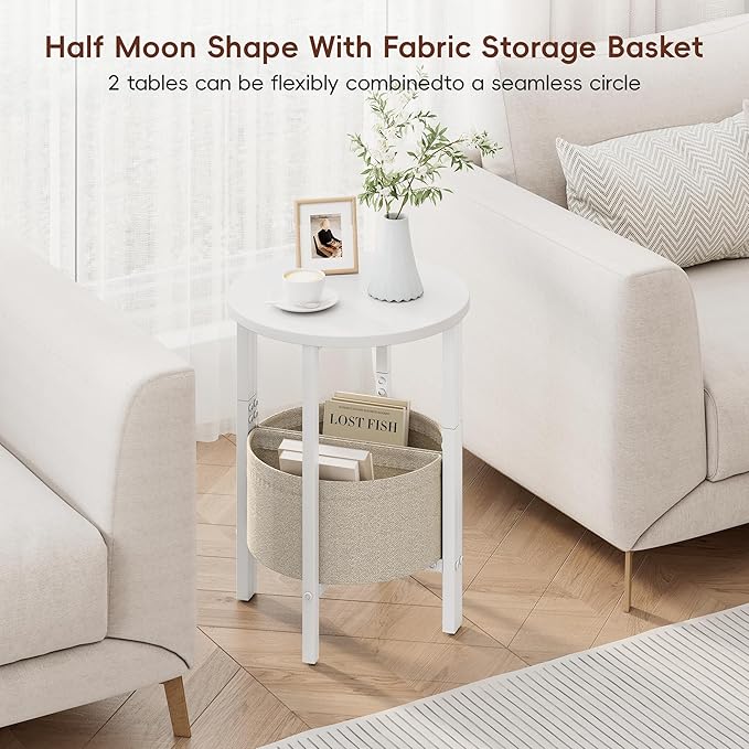 VAGUSICC Small Round Side Table End Table with Storage Basket, Tall Accent Coffee Table Round Nightstand, Set of 2 Half Round Tables Half Moon Tables, Sofa Bedside Table for Living Room Bedroom, White