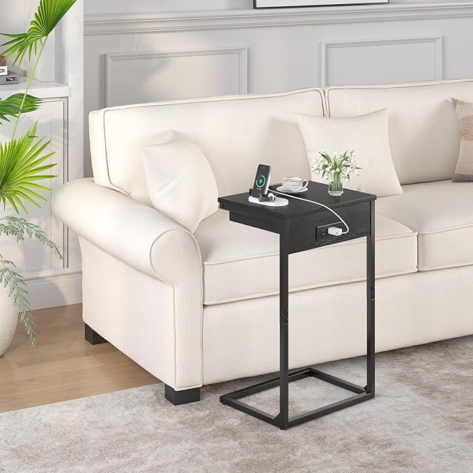 C Shaped End Table with Charging Station, 45° Tiltable Adjustable Flip Top Side Table with Storage,Small C Table for Small Spaces,Slide Under Couch Sofa Bedside Table for Living Room, Black