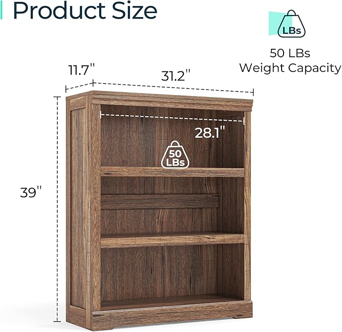 LINSY HOME 3-Tier Bookcase Display Storage Shelves Farmhouse Bookshelf for Home Office, Living Room, Bed Room - Dark Brown