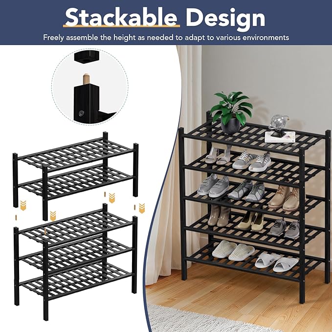 Haddockway 5 Tier Bamboo Shoe Rack Storage Organizer, Multifunctional Free Standing Stackable Shoe Shelf with Grid Panel for Closet,Hallway,Entryway,Small Space 27"x11"x32"(Black, 5 Tier)