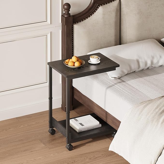 Side Table,C Table with 2-Tier Storage Shelf, End Table with Metal Frame, Sofa Table with Wheels for Living Room, Bedroom, Office, Bathroom, Easy Assembly, Black