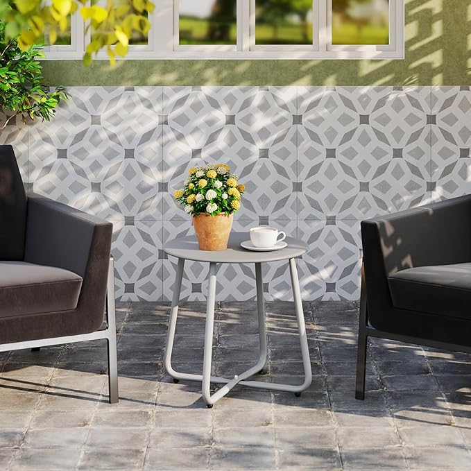 HollyHOME Round Metal Side Table, Rust-Resistant Patio Small Plant Stand, Outdoor 17.32'' Portable End Table for Balconies, Gardens, Living Rooms and Bedrooms, Grey