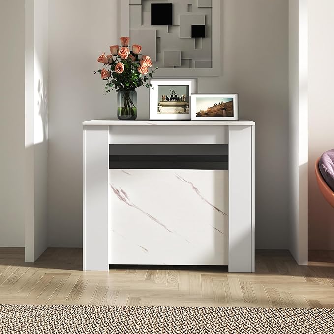 KEIKI 20-118.5"L Extendable Foldable Dining Room Table for 1-10 People, Wood Multifunctional Rectangle Expandable Console Kitchen Living Meeting Room Furniture, 6 Tabletop Length Options, Marble White