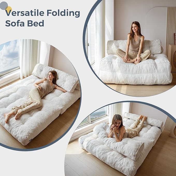 MAXYOYO Folding Sofa Bed, Convertible Sleeper Chair with Pilow Foldable Matress with Back Support, Portable Fold Out Chair Bed Comfy Floor Sofa Lounge for Living Room Bedroom, Beige, Double