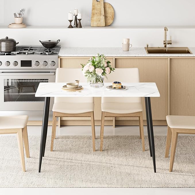 Garden 4 you Wood Dining Table for 4-6 People, Modern Rectangular Indoor Dinner Table, 47" Metal Frame Kitchen Table with Legs for Kitchen, Dining Room, Living Room, White