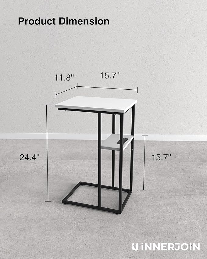 Innerjoin Side Table with Charging Station Set of 2, C Shaped End Table with LED Light Strip, Fast Charge USB A&C Ports, Small Sofa Snack Laptop Side Table for Living Room Bedroom, White