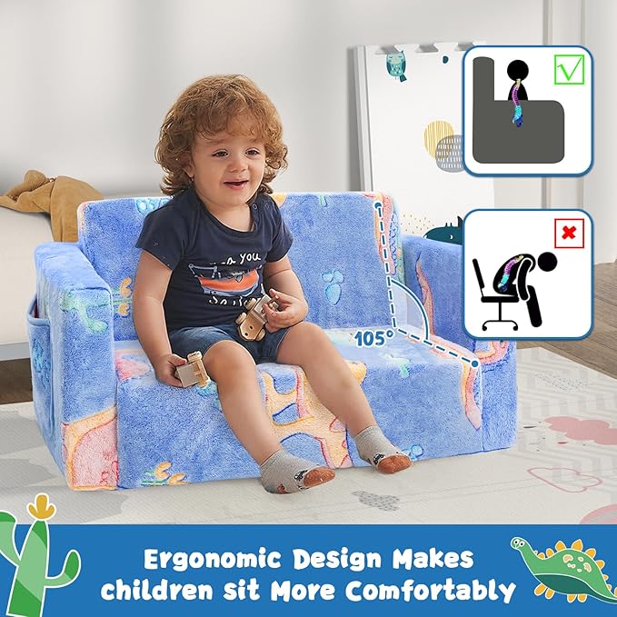 Toddler Chair Comfy,2-in-1 Soft Toddler Couch Fold Out for Kids,Convertible Sofa to Lounger,Gift for Girls and Boys Birthday,Dinosaurs,Large