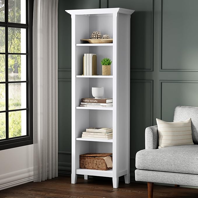 SIMPLIHOME Amherst Bookcase - 70 inch Tall 5-Shelf Solid Wood Bookshelf in White, Transitional Storage for Living Room, Study Room or Office with Adjustable Shelves and Tapered Legs