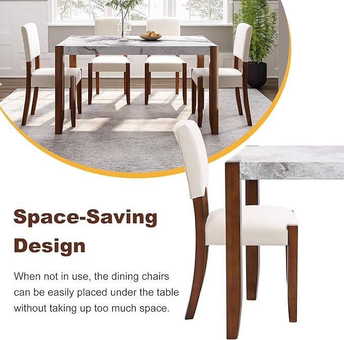 Ball & Cast 5 Piece Dining Table Set with 4 Upholstered Chairs,Wooden Living Room Furniture W/ 46" Faux Marble Style Desk,for Restaurant,Home Bistro,Off White