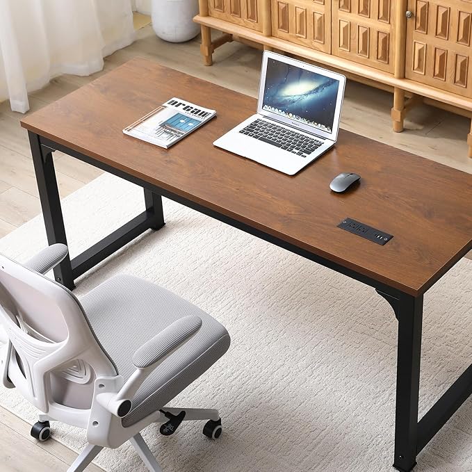 Large Computer Desk - 63 Inch Home Office Desks Study Student Writing Table Gaming Desk Wood Modern Simple Table with USB Ports, L.Brown