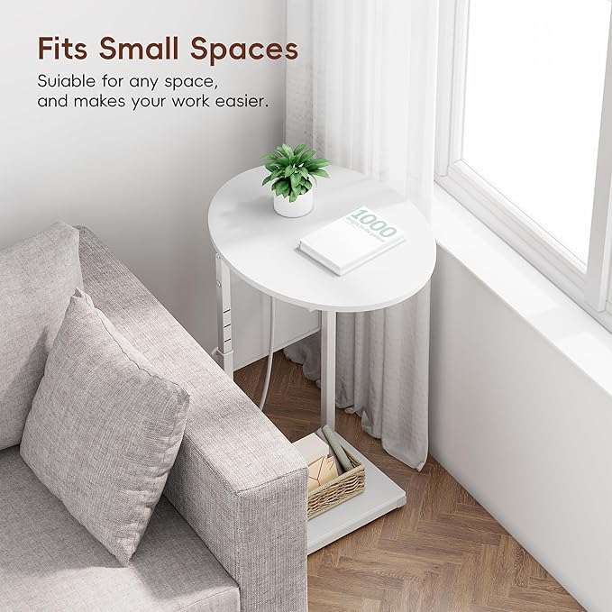 Vagusicc C Shaped End Table with Charging Station, 32" Tall Side Table for Couch and Recliner, Adjustable Height Small Couch Side Table Slide Under Sofa TV Tray Table for Living Room, Bedroom, White