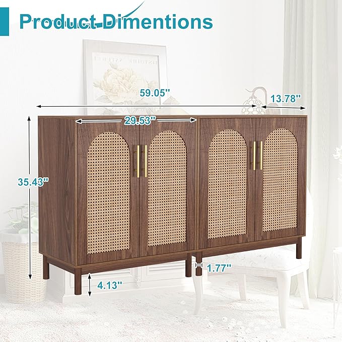 59" Sideboard Buffet Cabinet with Storage, Rattan Kitchen Buffet Storage Cabinet Set of 2, Modern Sideboard with Doors & Shelves for Living Room, Kitchen, Hallway, Dark Brown