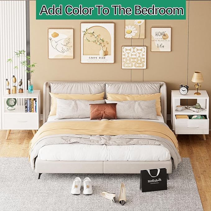 Night Stand, White Kids Nightstand with Drawer, Nursery Side Table with Open Storage, 2-Tier Modern End Table, Bedside Table for Small Space, Living Room, Bedroom