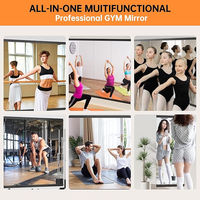 Hasipu 4 Pcs 48''x24'' Home Gym Mirror Large Full Length Wall Mounted Full Body Mirror for Yoga Dance Fitness Exercise Studio Bedroom Garage, Frameless Tempered Glass Workout Mirrors Black Rectangular
