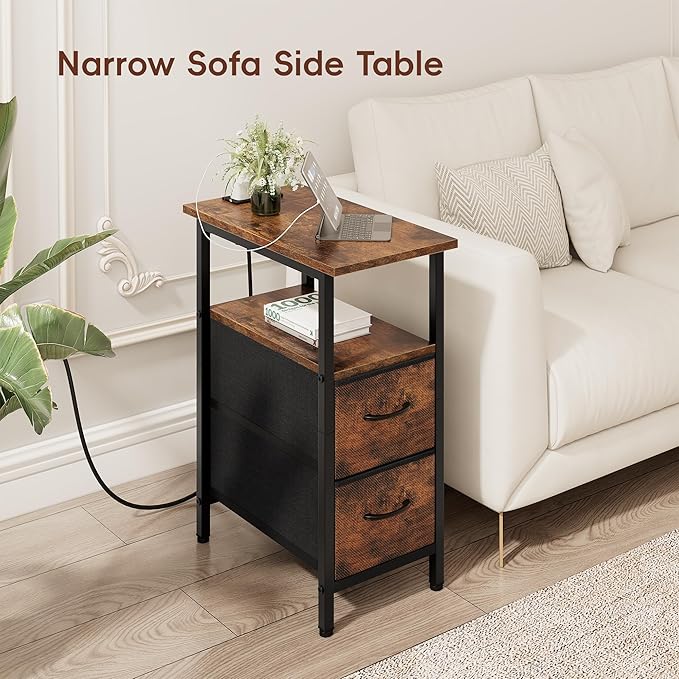 Vagusicc End Table with Charging Station, Narrow Side Table, 23.8'' Tall Nightstand with 2 Fabric Drawers, Small Sofa Side Table Narrow Nightstand for Small Spaces, Living Room, Bedroom, Rustic Brown
