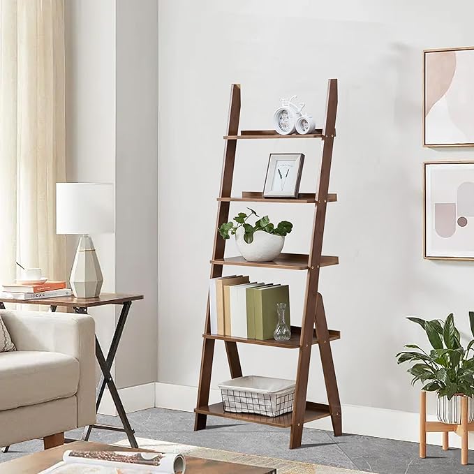 Maydear Bamboo Ladder Shelf Bookcase, 5-Tier Leaning Bookshelf Free Standing Organizer Storage Shelves for Living Room, Bedroom, Kitchen, Home Office, Balcony, Walnut