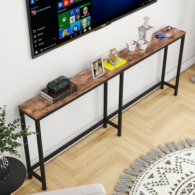 HOMERECOMMEND 70.8 Inch Console Table with USB Ports, Sofa Table with Charging Station, Narrow Entryway Table, Skinny Hallway Table,Rustic Brown