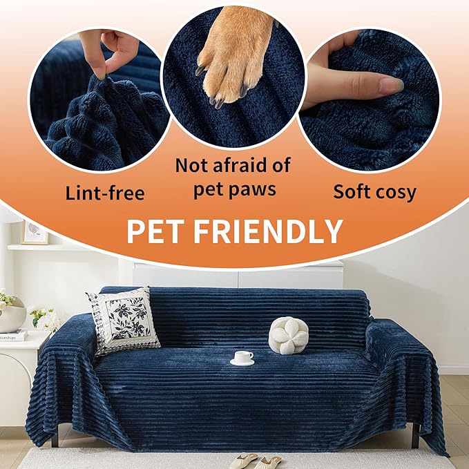 HAOMAIJIA Faux Fur Sofa Covers Couch Covers for 2 Cushion Couch Sofa Pet Friendly Soft Non Slip Couch Cover for Dogs Washable Sectional Couch Covers L Shape Furniture Protector (Navy Blue, 71"x118")