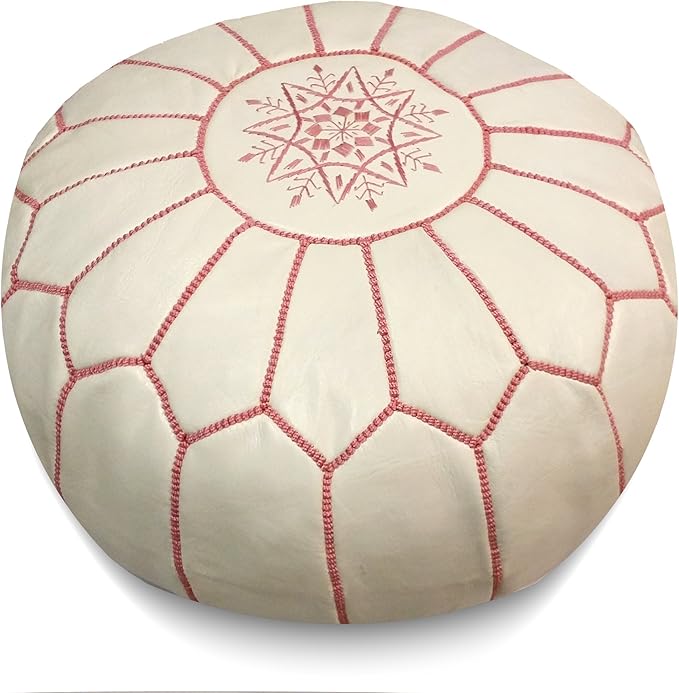 Stuffed Round Design Moroccan Leather Pouf Ottoman, Handmade, Pre-Filled, 100% Genuine Leather, 13” Height x 20” Diameter, Footstool & Living Room Décor (White with Pink Stitches)
