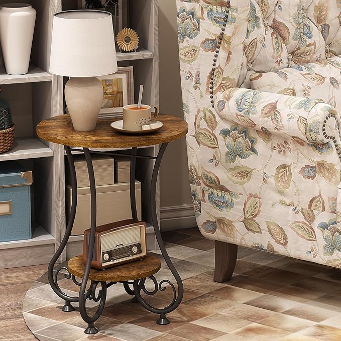 Side Table,Small Round End Table with Lower Shelf for Small Spaces, Portable Couch Sofa Coffee Table,Bedside Nightstand Table with Metal Frame,Retro Accent Drink Table for Living Room Bedroom Balcony