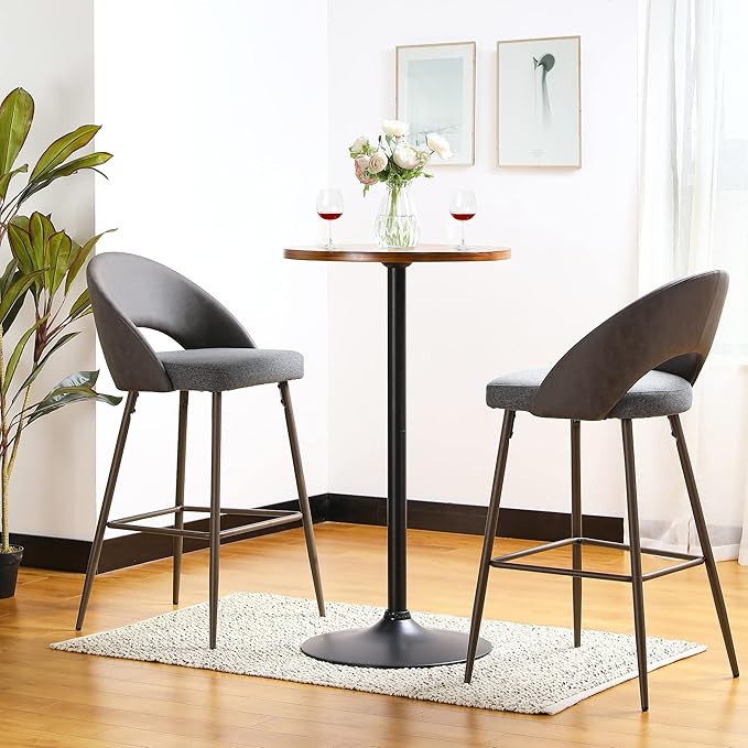 Glitzhome 39.5" H Round Pub Bistro Table, Round Bar Table Wood Top with Black Metal Leg and Base, Walnut Veneer Finish Cocktail Top Tall Table for Kitchen Island,Furniture (Walnut)