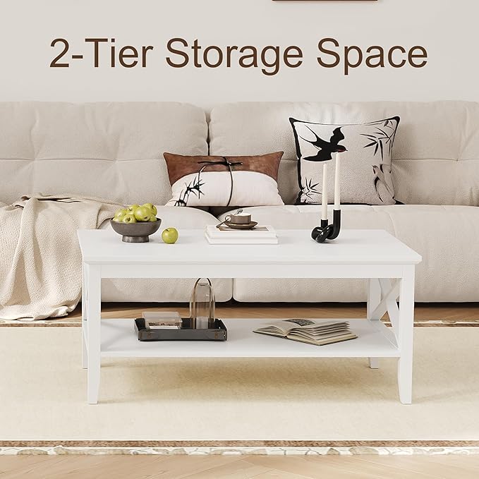 ChooChoo Coffee Table Classic X Design for Living Room, Rectangular Modern Cocktail Table with Storage Shelf, 47 Inch