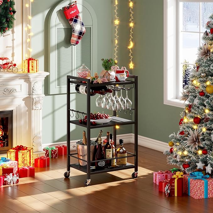 TUTOTAK Bar Cart, Home Bar Serving Cart with 3-Tier Shelf, Drink Cart with Wine Rack, Glass Holder, Rolling bar carts for The Home, Living Room, Brown V1BC01BK035