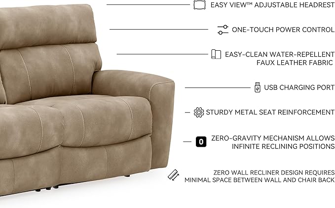 Signature Design by Ashley Next-Gen DuraPella Contemporary Faux Leather Modular Wall Hugger 2-Piece Power Reclining Sectional Loveseat with Adjustable Headrest and USB Ports, Light Brown