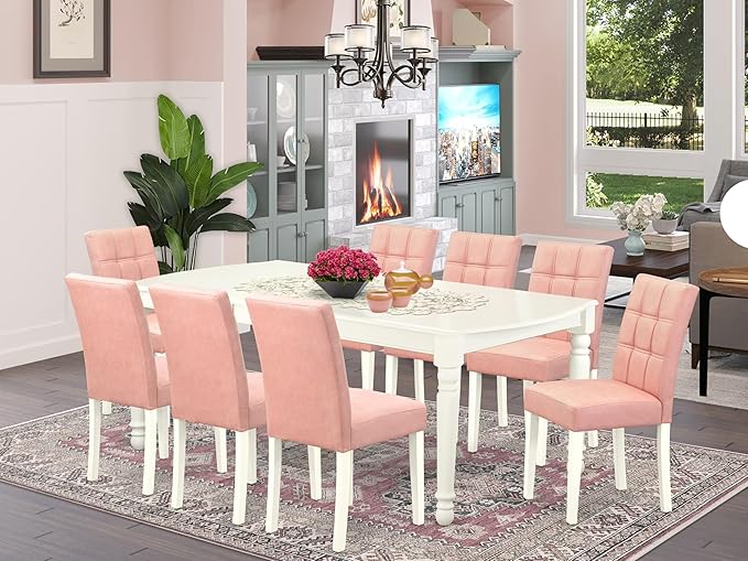 East West Furniture DOAS9-LWH-42 9 Piece Modern Dining Table Set Contain A Wooden Table and 8 Beige Red Polyester Fabric Parson Kitchen Chairs with Stylish Back- Linen White Finish