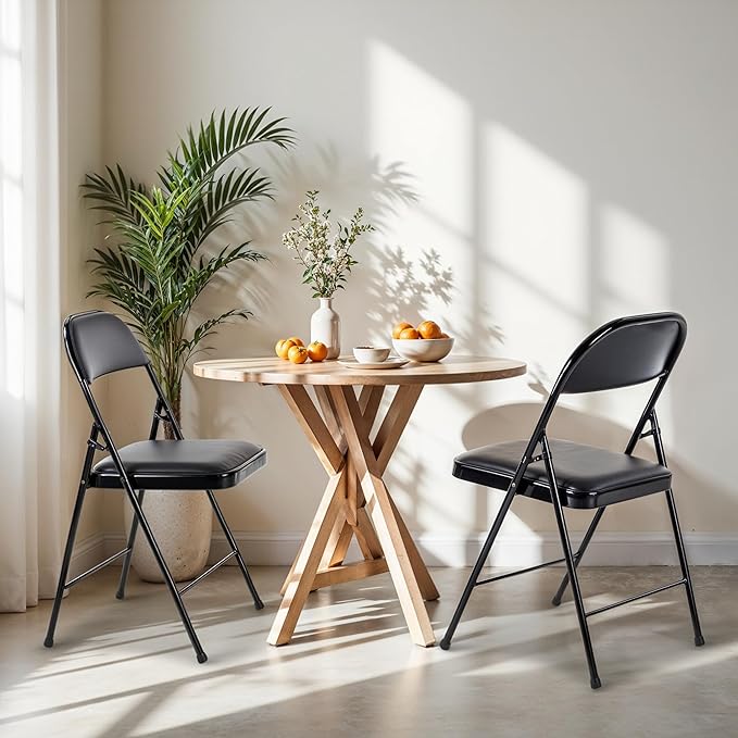 HealSmart 2 Pack Folding Chairs with Padded Leather Cushion Seats, Sturdy Metal Frame, Stackable Portable Design for Indoor Outdoor Use, Commercial Event Party Office Home Chairs, Black
