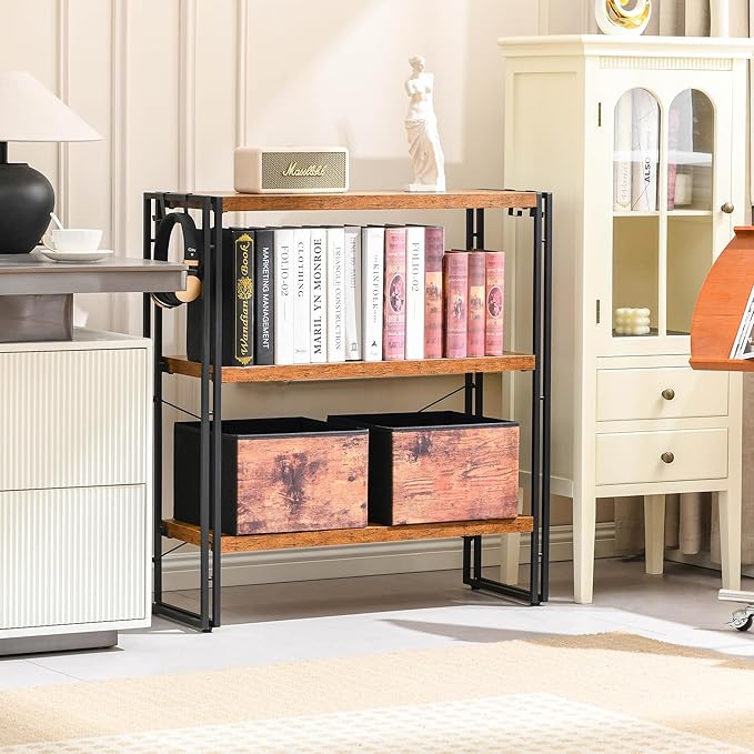 HCHQHS Bookshelf, 3-Tier Industrial Bookcase, Rustic Open Book Shelf, Freestanding Horizontal Bookshelves with Metal Frame