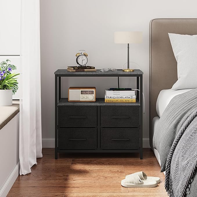 TUTOTAK Large Night Stand with Charging Station, Nightstand with USB and Type-C Port, Bedside Table with Cloth Drawers, End Table for Livingroom, Bedroom, Charcoal Grey TB01BY081