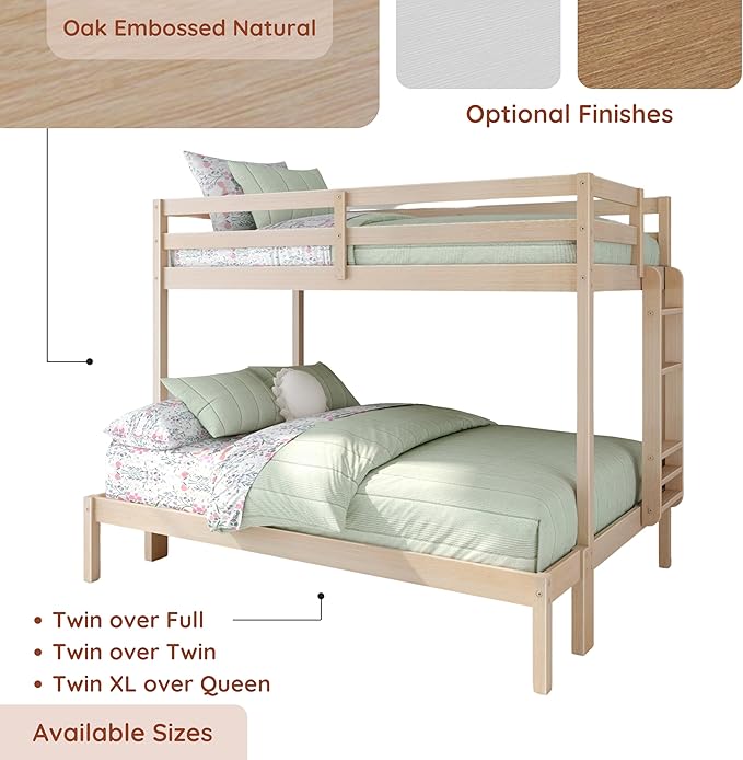 Grain & Grove Bear Twin Over Full Bunk Bed, Sturdy Bunk Bed Frame for Kids, Plywood Bunk with Ladder, Guardrail, and Slats, No Box Spring Required, Oak Embossed Natural