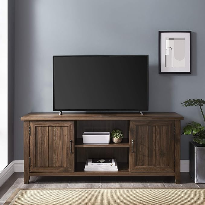 Walker Edison Buren Classic Grooved Door TV Stand for TVs up to 65 Inches, 58 Inch, Walnut