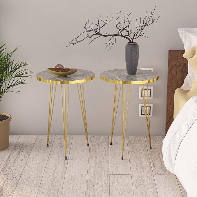 PAK HOME - Set of 2 End Table - High Gloss Shiny Grey Marble Look Round Wood Sofa Side Coffee Tables for Small Spaces, Nightstand Bedside Table with Gold Metal Legs for Bedroom, Living Room