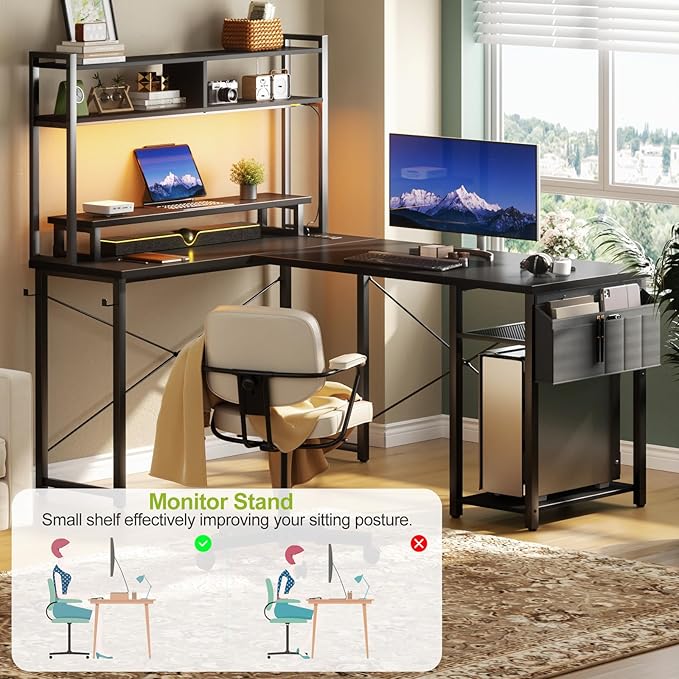Small L Shaped Desk Gaming Desk with Power Outlets, 48" Reversible L Shaped LED Computer Desk with Monitor Stand & Storage Shelf, Corner Gamer Desk Home Office Desk with Storage Bag, Black