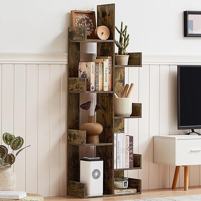VECELO 8-Tier Tall Cactus-Shaped Tree Bookshelf, Vertical Bookcase with Waterproof Shelves & Rounded Corners, Modern Display Rack for Small Spaces in Living Room, Office, Bedroom, Rustic Brown