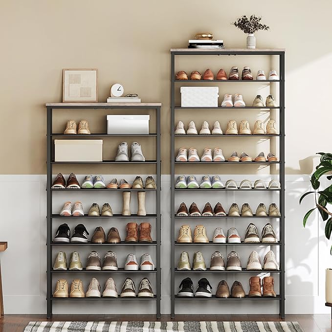 8 Tier Shoe Rack, Shoe Storage Organizer, Large Capacity Shoe Shelf Holds 32 Pairs of Shoes, Durable and Stable, for Entryway, Hallway, Closet, Dorm Room, Greige and Black SS08BG